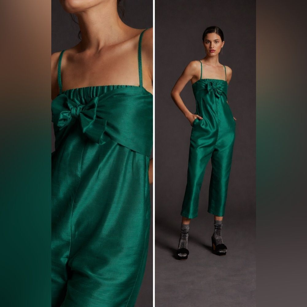 ✨NWT✨Hutch X Anthropologie Green Satin Cropped Bow Tie Jumpsuit Size Medium